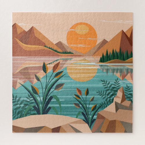 Peaceful Mountain Lake Sunset Landscape Jigsaw Puzzle