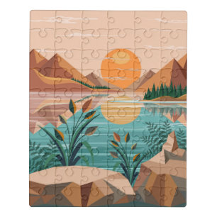 Peaceful Mountain Lake Sunset Landscape Jigsaw Puzzle