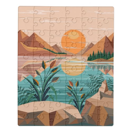 Peaceful Mountain Lake Sunset Landscape Jigsaw Puzzle
