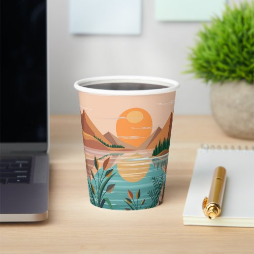 Peaceful Mountain Lake Sunset Landscape Paper Cups