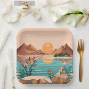 Peaceful Mountain Lake Sunset Landscape Paper Plates