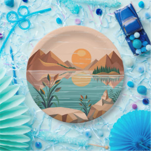 Peaceful Mountain Lake Sunset Landscape Paper Plates