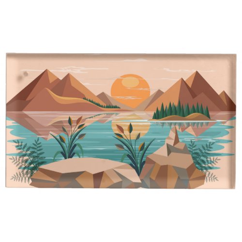 Peaceful Mountain Lake Sunset Landscape Place Card Holder