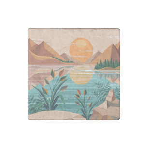 Peaceful Mountain Lake Sunset Landscape Stone Magnet