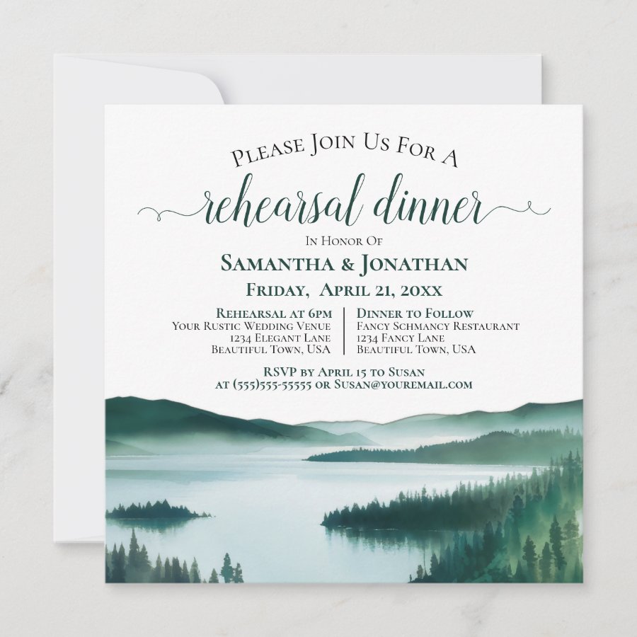 Peaceful Mountain Lake Wedding Rehearsal & Dinner Invitation