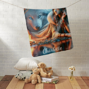 Peaceful night by river: Native and wolf Baby Blanket