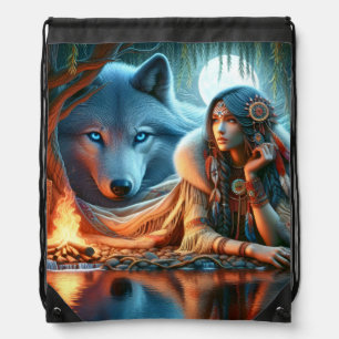 Peaceful night by river: Native and wolf Drawstring Bag