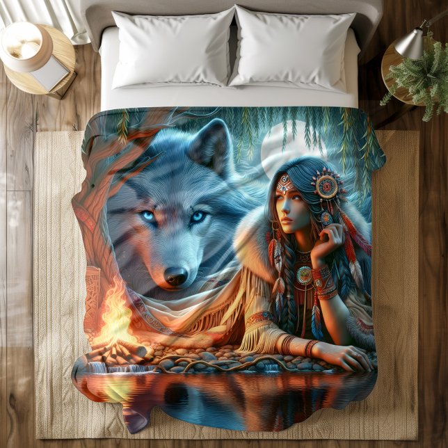 Peaceful night by river: Native and wolf Duvet Cover (Creator Uploaded)