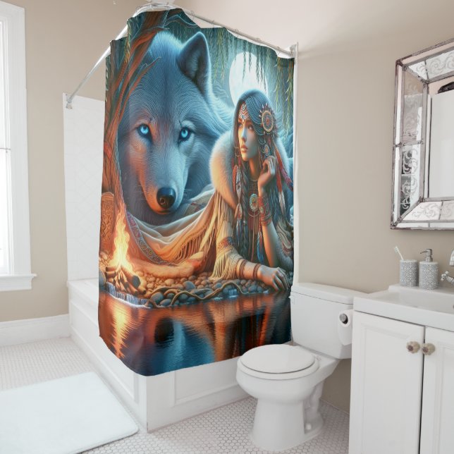 Peaceful night by river: Native and wolf Shower Curtain (In Situ)
