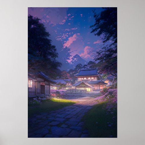 Peaceful Night in a Rural Japanese Village Poster