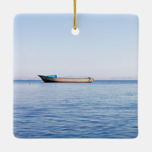 Peaceful Ocean & Solitary Boat Fine Art Photo Ceramic Ornament