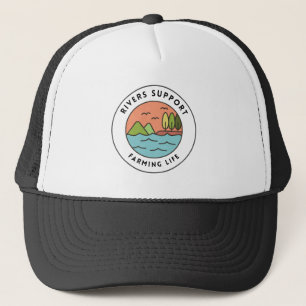 Peaceful Orange Blue Retro River Farming Design Trucker Hat