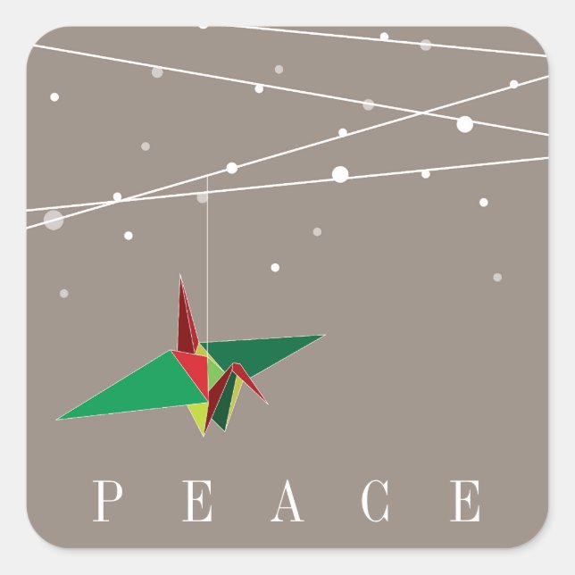 Peaceful Origami Paper Crane Fairy Lights Holiday Square Sticker (Front)