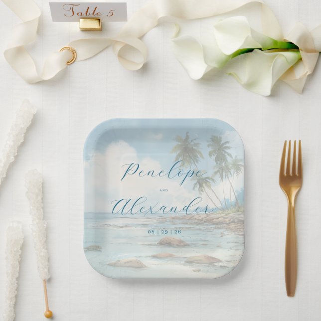 Peaceful Pastel Beach Scene Paper Plates (Wedding)