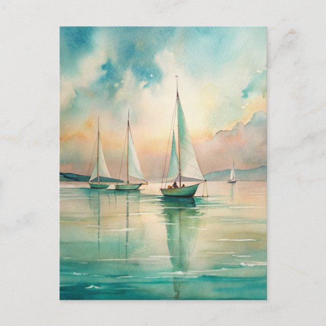 Peaceful Pastel Sailboats Nautical Marine Art Postcard (Front)