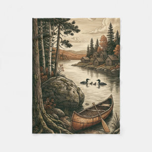 Peaceful Pine Forest River And Wooden Boat Nature  Fleece Blanket