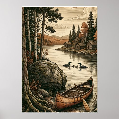 Peaceful Pine Forest River And Wooden Boat Nature Poster