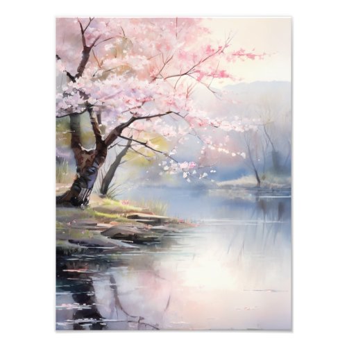 Peaceful Pink Cherry Blossoms by the Water Photo Print