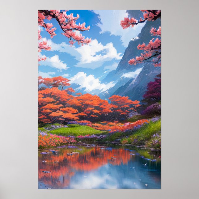 Peaceful Pond amidst Majestic Red Trees Poster (Front)