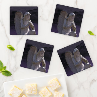 Peaceful Praying Angel white Stone Statue Purple Coaster Set