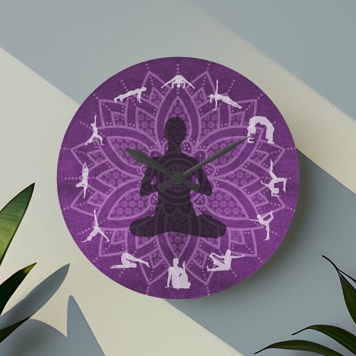 Peaceful Purple Mandala with Yoga Poses Large Clock