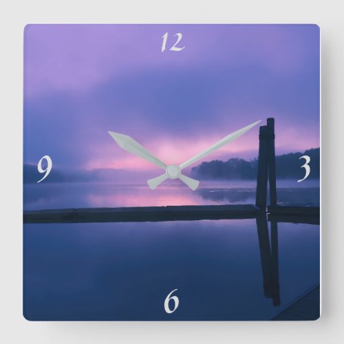 Peaceful PurplePink Sunrise Landscape over Water Square Wall Clock