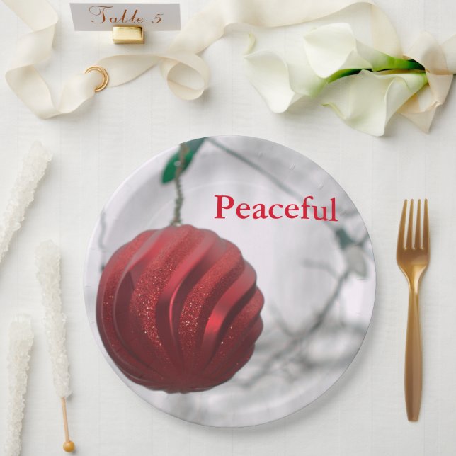 Peaceful Red Striped Sparkly Ornament Ball Paper Plates (Wedding)