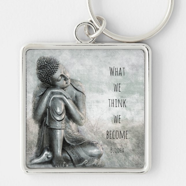 Peaceful Resting Silver Buddha Wisdom Quote Keychain (Front)