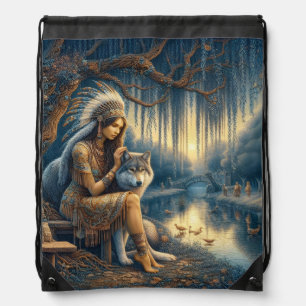 Peaceful river moment with a wolf drawstring bag