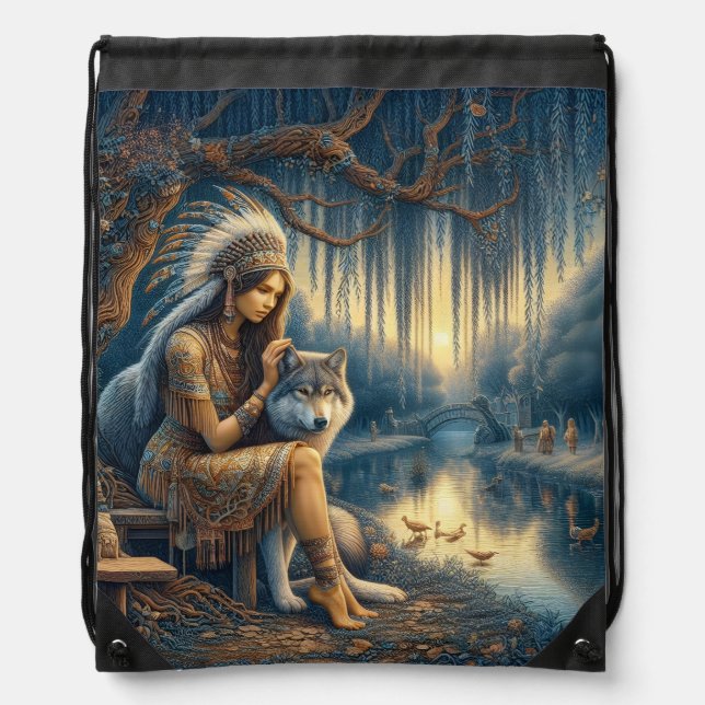 Peaceful river moment with a wolf drawstring bag (Front)
