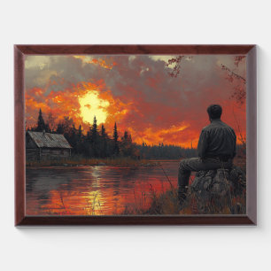 Peaceful River Sunset Cabin Reflection Wood Plaque