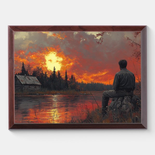 Peaceful River Sunset Cabin Reflection Wood Plaque (Horizontal)