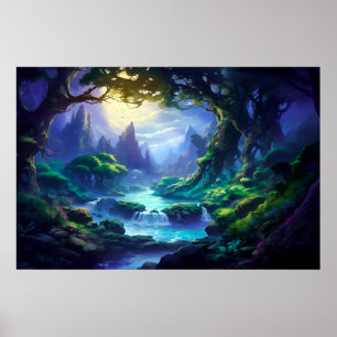 Peaceful River under Moonlight - Fantasy Art Poster