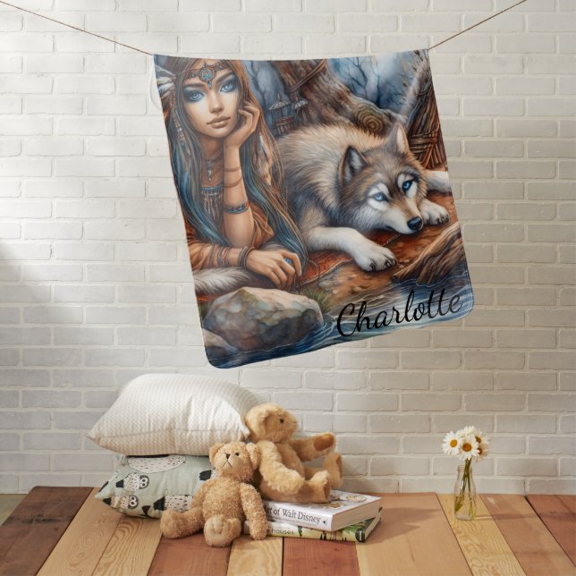 Peaceful riverside with a wolf friend baby blanket (In Situ)