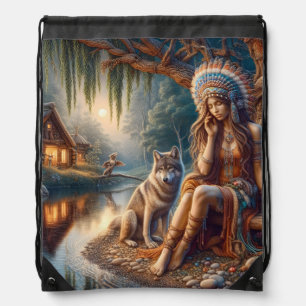 Peaceful riverside with a wolf friend drawstring bag