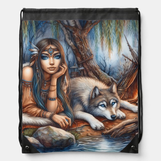 Peaceful riverside with a wolf friend drawstring bag (Front)