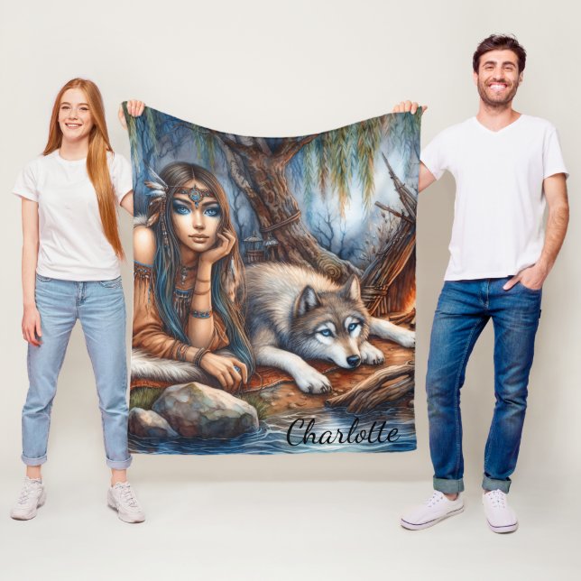 Peaceful riverside with a wolf friend fleece blanket (In Situ)