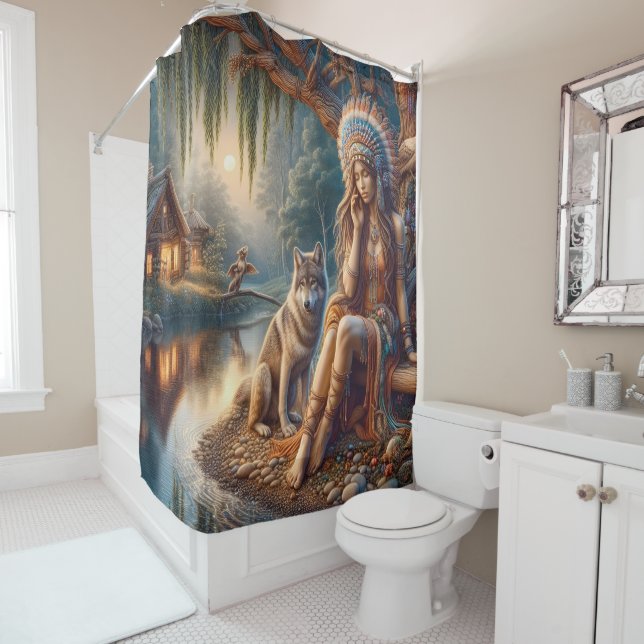 Peaceful riverside with a wolf friend shower curtain (In Situ)