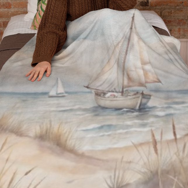 Peaceful Sailing Watercolor Coastal Fleece Blanket (Creator Uploaded)