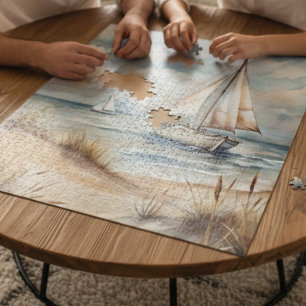 Peaceful Sailing Watercolor Coastal Jigsaw Puzzle