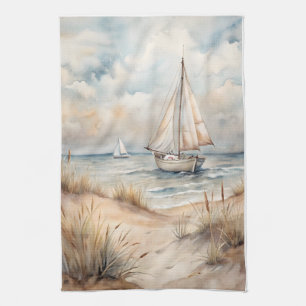 Peaceful Sailing Watercolor Coastal Kitchen Towel