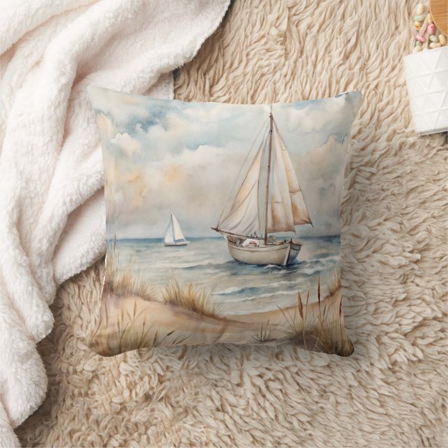 Peaceful Sailing Watercolor Coastal Throw Pillow (Blanket)