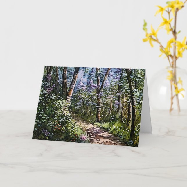 Peaceful Scene Forest Path Art Note Card (Yellow Flower)