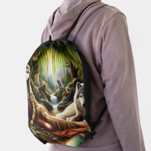 Peaceful scene: Native Indian and wolf Drawstring Bag