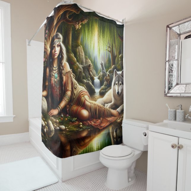 Peaceful scene: Native Indian and wolf Shower Curtain (In Situ)