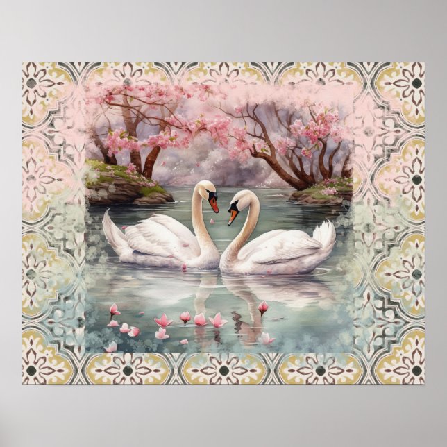 Peaceful Scene Swans on Lake - Teal Blush  Poster (Front)
