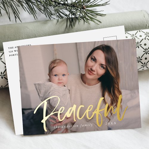 Peaceful Script Photo Foil Holiday Postcard