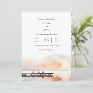 Peaceful Seaside Soft Sunrise Pier Beach Wedding Invitation