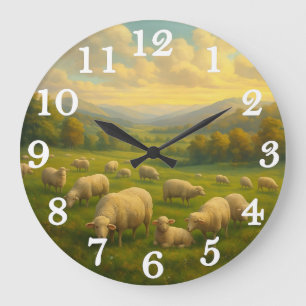 Peaceful sheep in pastoral meadow large clock