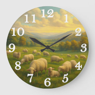 Peaceful sheep in pastoral meadow large clock
